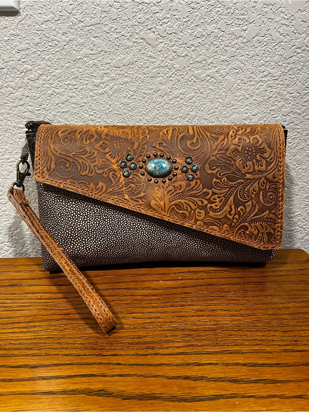 Leather-Accent Turquoise Concho Wristlet Clutch - Brown